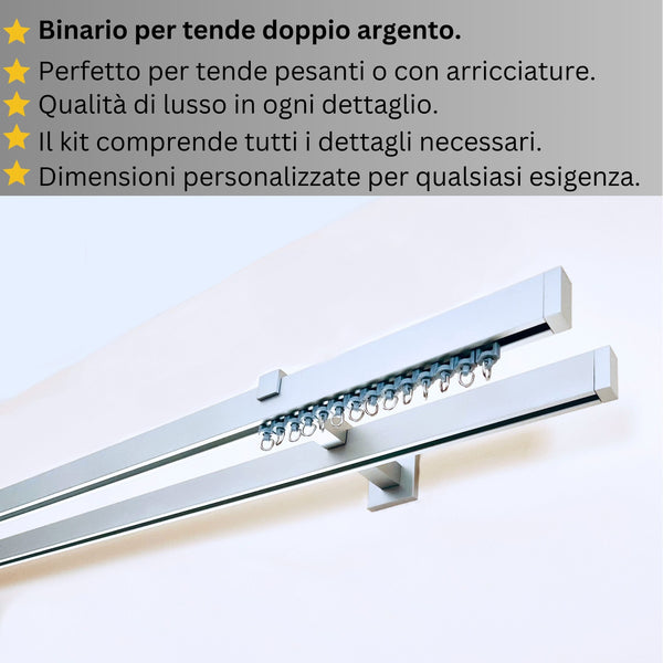 Binario Doppio per Tende Argento - Fissaggio a Parete – Misure Personalizzate