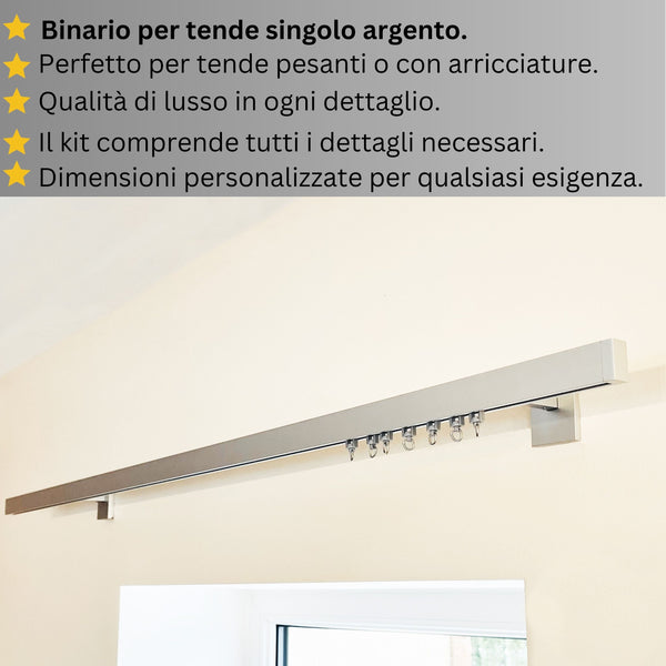 Binario per Tende singolo color Argento - Fissaggio a Parete – Misure Personalizzate