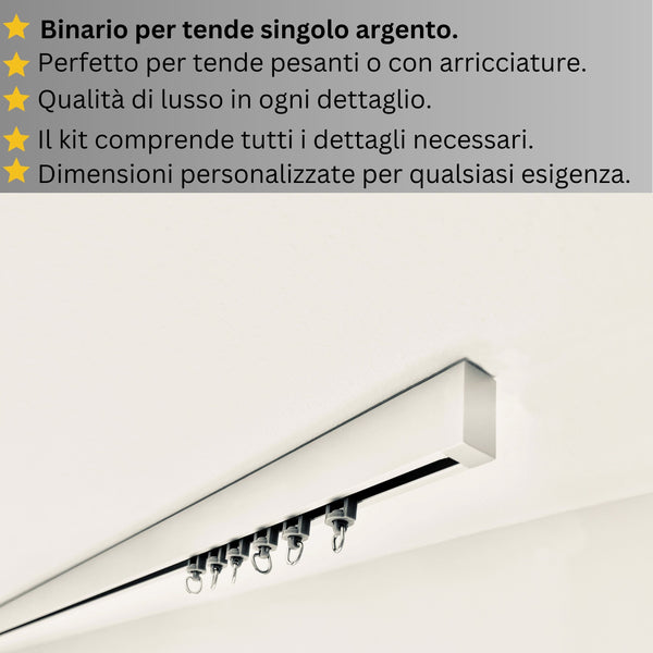 Binario per Tende singolo Argento - Fissaggio a Soffitto – Misure Personalizzate