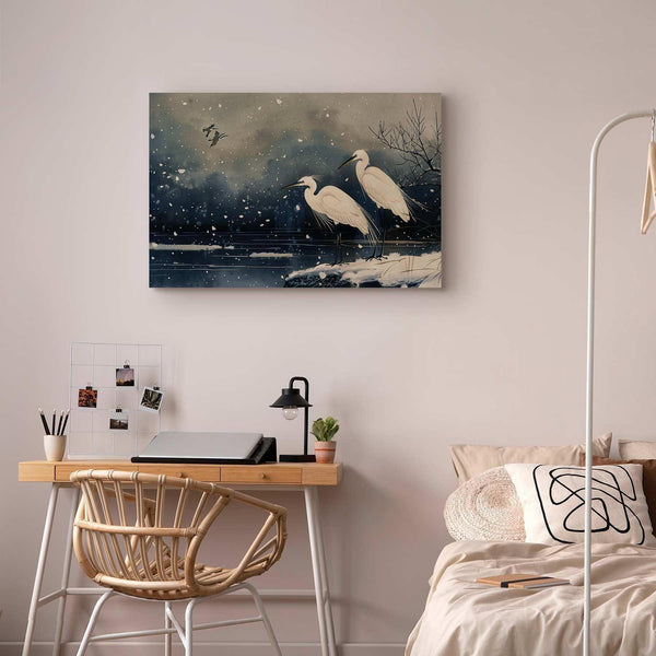 Quadro - Herons over a winter pond - Japanese-style illustration in dark colours