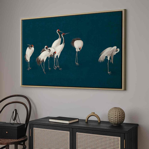 Quadro - Evening by the pond - a group of cranes drawn in dry pastel on a dark turquoise background