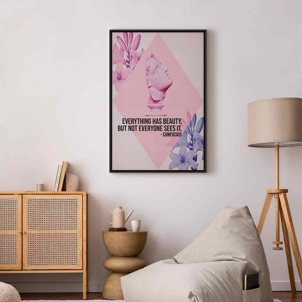 Quadro - Beauty in the Eyes - Inspirational Quote with Pink Bust and Flowers
