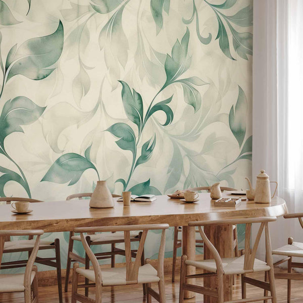 Carta da parati - Watercolor Botanical Motif Delicate Green-Beige Leaves