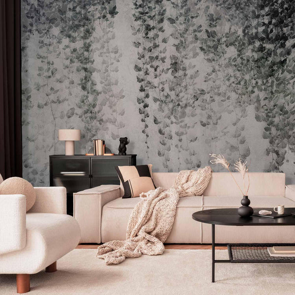 Carta da parati - Peaceful oasis - landscape of hanging black leaf vines on a grey background