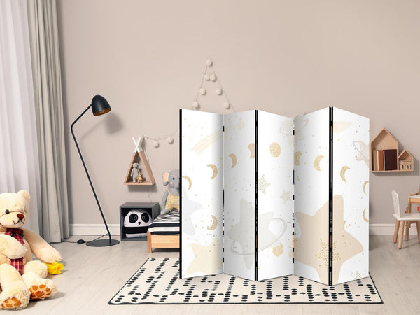 Paravento - Fairy-Tale Galaxy - Moon Phases in Shades of Yellow Among Stars in Beige and Ash Colors with Stardust