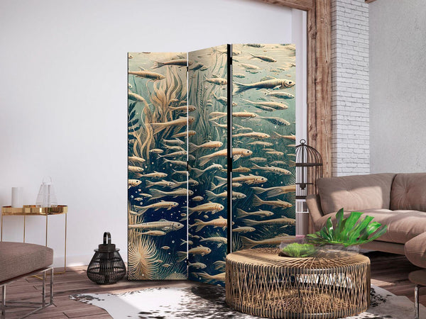 Paravento - Life in the Ocean - Underwater World of Fish and Vegetation in Beige and Navy Colors in Retro Style