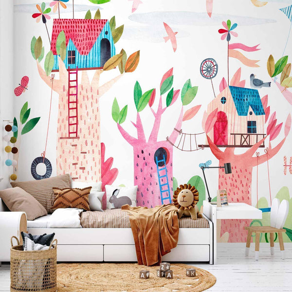 Carta da parati - Painted tree houses - a colourful fantasy with kites for children