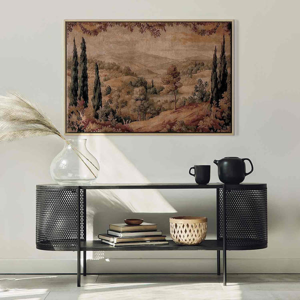 Quadro - Mediterranean landscape - old tapestry with a hill and a lake