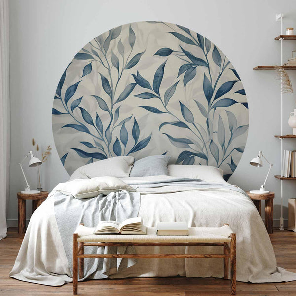 Carta da parati rotonda - Delicate botanical motif with blue leaves