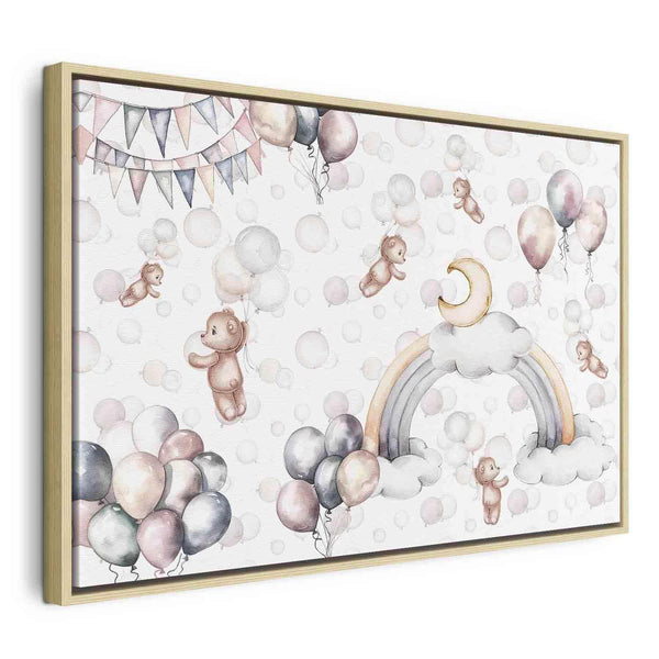 Quadro - Toy Bears with Balloons - Flying Plush Bears Among Balloons Clouds and Rainbows in Subtle Pastel Hues