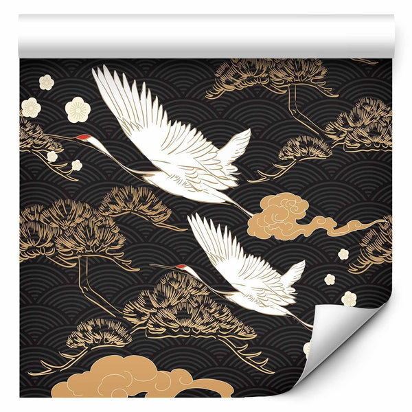 Tappezzeria murale - Oriental impressions - decorative pattern with a motif of flying cranes on a dark background