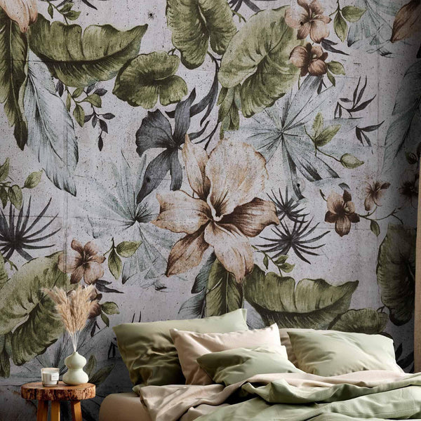 Carta da parati - Nature in retro style - jungle landscape with pale leaves and flowers