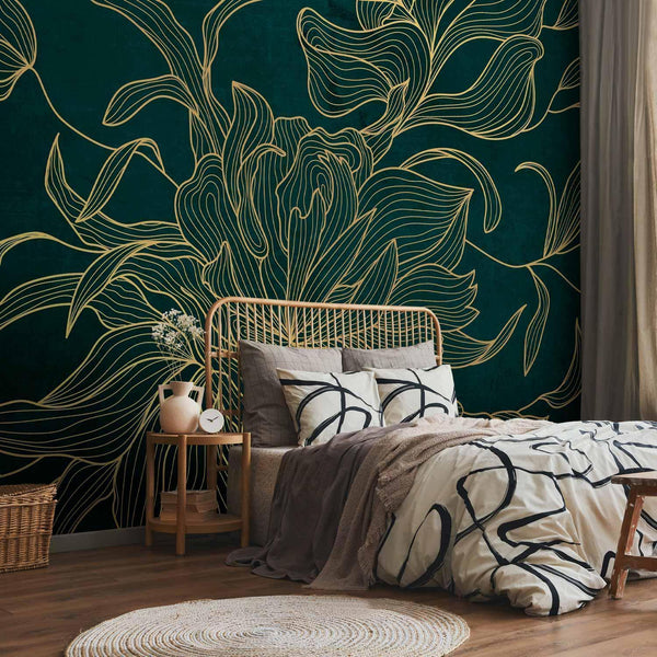 Carta da parati - Green boudoir - linear drawing of a flower in golden colours on a dark background
