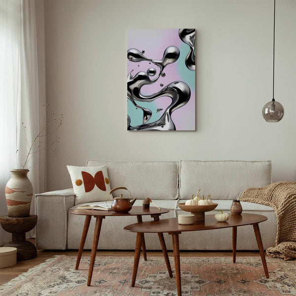 Quadro - Metallic Fluidity - Abstract Silver Forms on a Mint-Purple Background