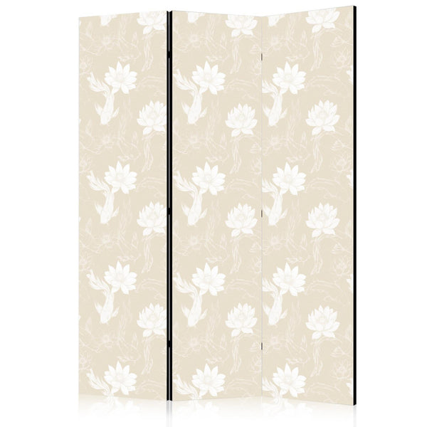 Paravento - Fish and Water Lilies - Bright Oriental Fish Swimming Among Water Flowers on a Delicate Sand-Beige Background