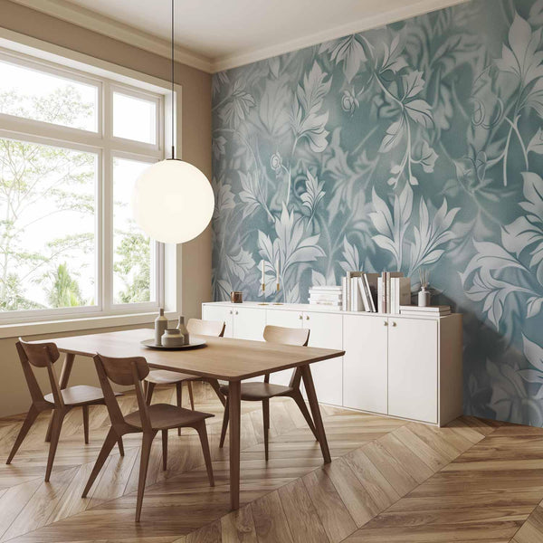 Carta da parati - Ornaments in Worn Muted Turquoises: Delicate Plant Pattern