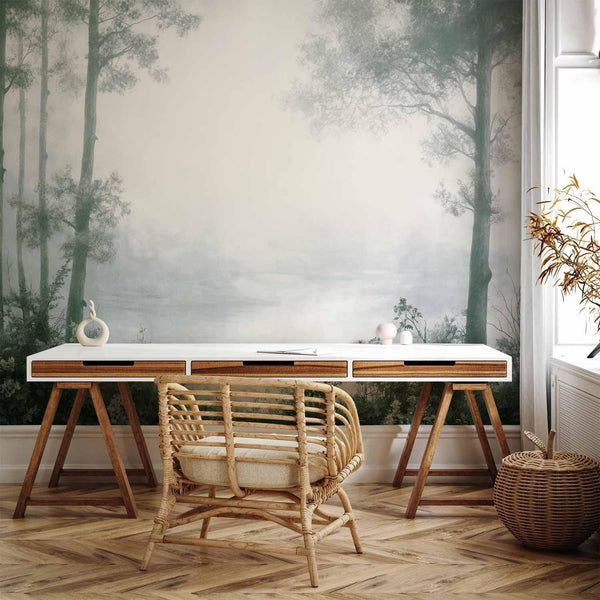 Carta da parati - Retro Landscape - Grove Trees and Pond in Patinated Shades of Green