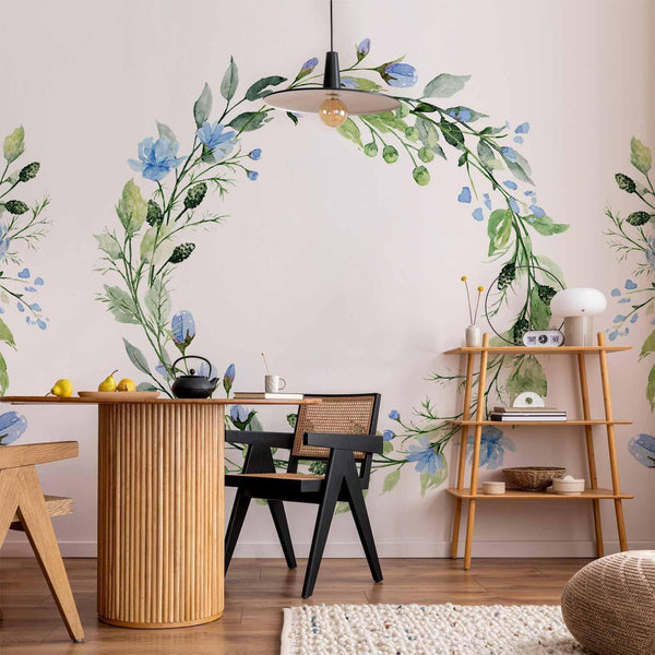 Carta da parati - Romantic wreath - plant motif with blue flowers and leaves
