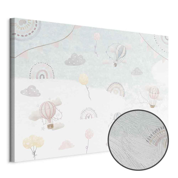 Quadro - Sky with Balloons - Balloons in Subdued Colors Flying in the Sky Among Clouds Rainbows and Stars