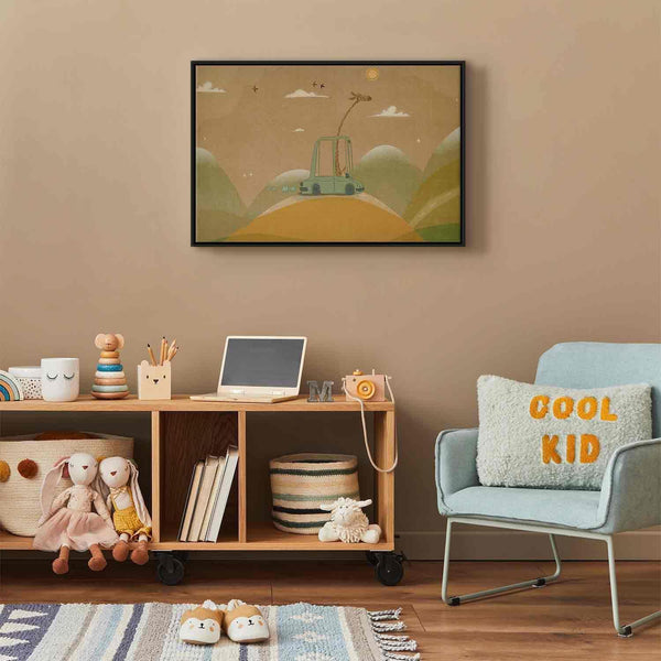 Quadro - Dreamy Traveler - A Cheerful Giraffe Driving a Car on a Sunny Day