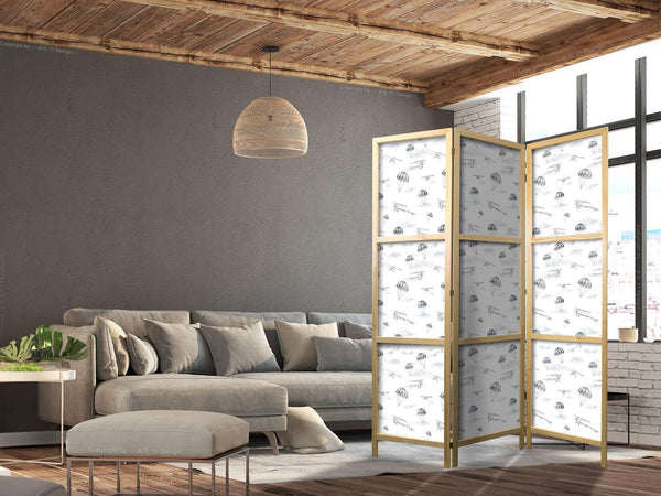 Paravento giapponese - Watercolor - Airplane Show on a Bright Sky with Delicate Clouds