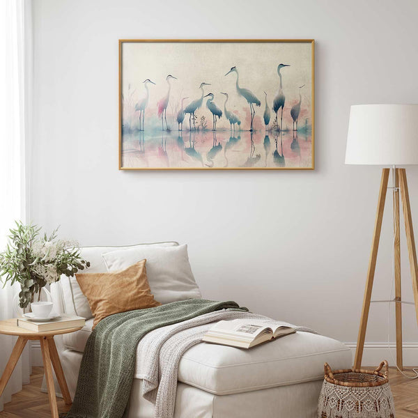 Poster - Birds by the Lake - herons painted in watercolor in a delicate, gray-pink palette