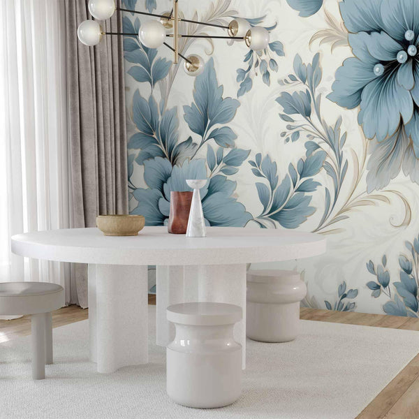 Carta da parati - Turquoise Flowers in Retro Ambience - Floristic Ornaments