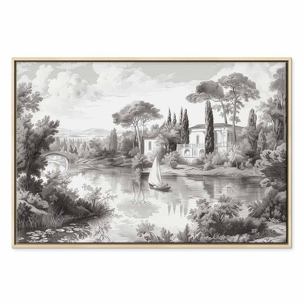 Quadro - Black and White Vintage Landscape Retro View of a Pond with a Boat