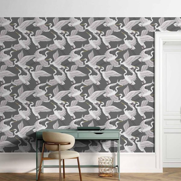 Tappezzeria murale - Flying birds – a delicate pattern of white and grey herons on a grey background