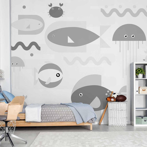 Carta da parati - Minimalist grey ocean - geometric fish in water for children