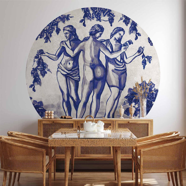 Carta da parati rotonda - Ancient vineyard - three women in a portal painted with blue ink