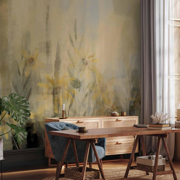 Carta da parati - A touch of summer - floral motif with a meadow full of yellow flowers and grasses