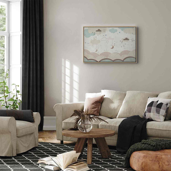 Quadro - Cloudy Night Sky - Moons in Brown and Beige Hues Among Clouds and Numerous Little Stars on a Light Background