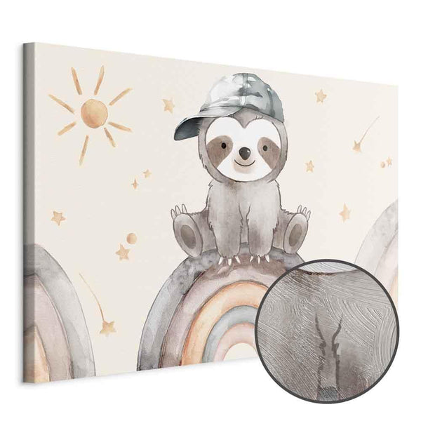Quadro - Happy Sloth - Sloth in Subdued Colors Wearing a Cap Sitting on a Rainbow Among Little Stars