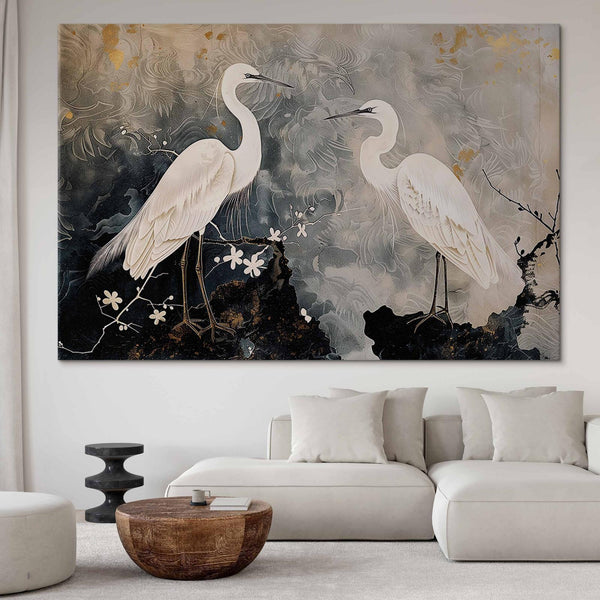 Quadro XXL - Herons and cherry blossoms - oriental-style illustration depicting birds