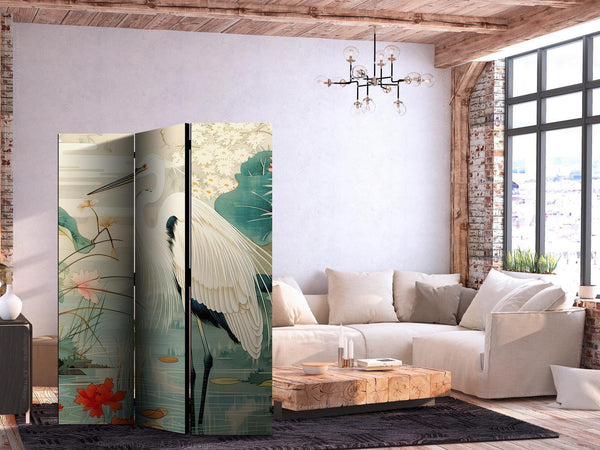 Paravento - By an Asian pond - an illustration in the style of a Japanese engraving, depicting a heron