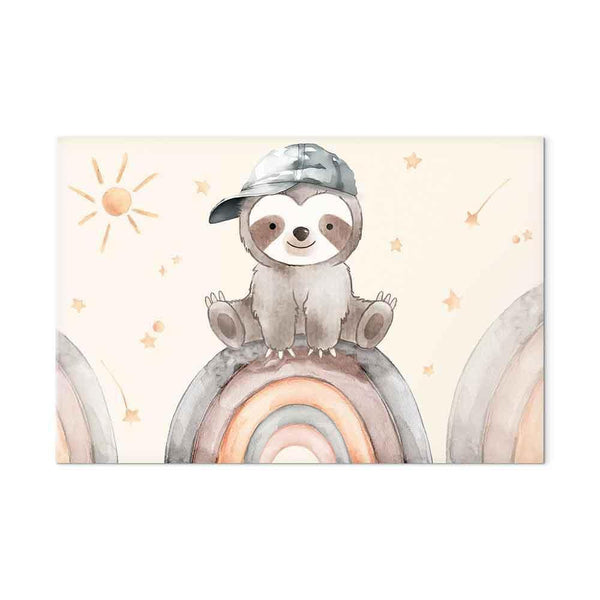 Quadro - Happy Sloth - Sloth in Subdued Colors Wearing a Cap Sitting on a Rainbow Among Little Stars