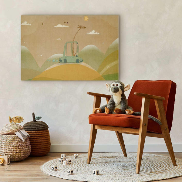 Quadro - Dreamy Traveler - A Cheerful Giraffe Driving a Car on a Sunny Day