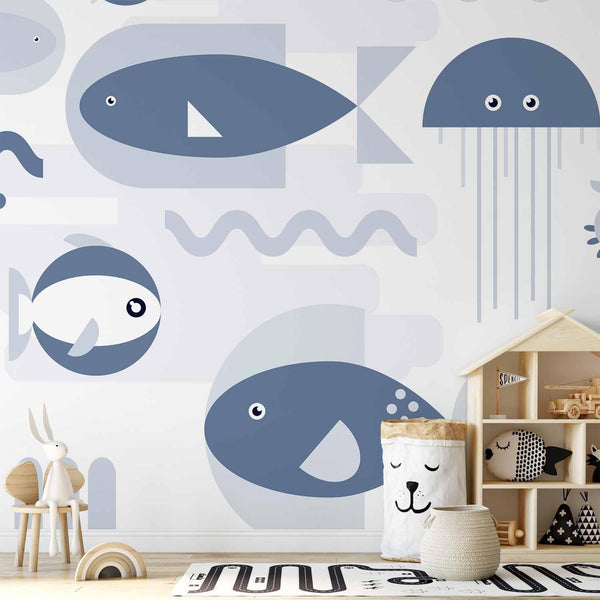 Carta da parati - Minimalist ocean - geometric fish and crabs in water for kids