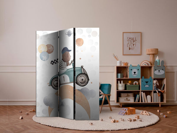 Paravento - Galactic Races - Bear Participating in Car Races Among Planets - Clouds - and Stars in Pastel Hues
