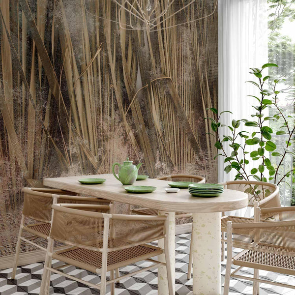 Carta da parati - Dry leaves - landscape of tall grasses in boho style with paint patterns