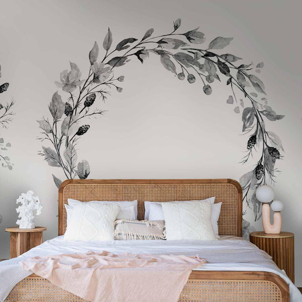 Carta da parati - Romantic wreath - grey plant motif with leaves with rose pattern