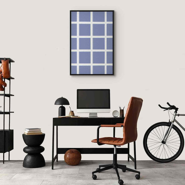 Quadro - Lines and Symmetry - Expressive White Grid on a Blue Background