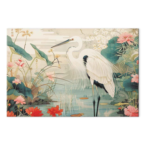 Quadro - By an Asian pond - an illustration in the style of a Japanese engraving, depicting a heron