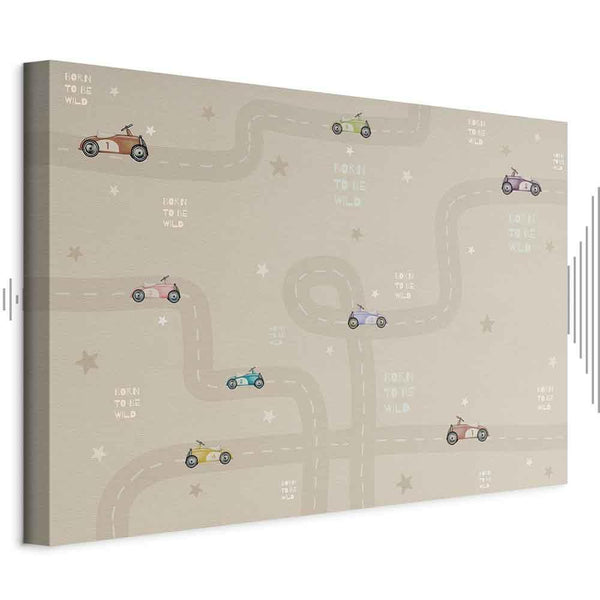 Quadro - Race - Colorful Cars on a Road on a Beige Background with Inscriptions