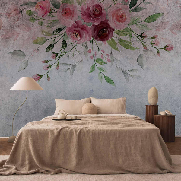Carta da parati - Summer bloom - plant motif with flowers and leaves in pink tones
