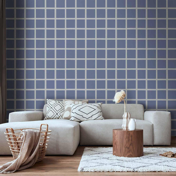 Tappezzeria murale - Lines and Symmetry - Expressive White Grid on a Blue Background