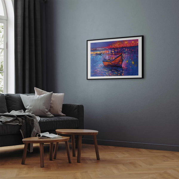 Poster - Modern impressionism - night landscape of a lake with a floating boat