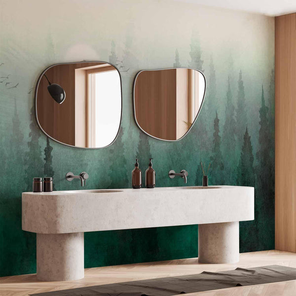 Carta da parati - Bird's eye perspective - landscape of a green forest with trees in the mist