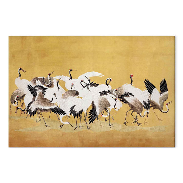 Quadro - Japanese cranes - a flock of birds against a golden background based on a painting by Ishida Yūtei